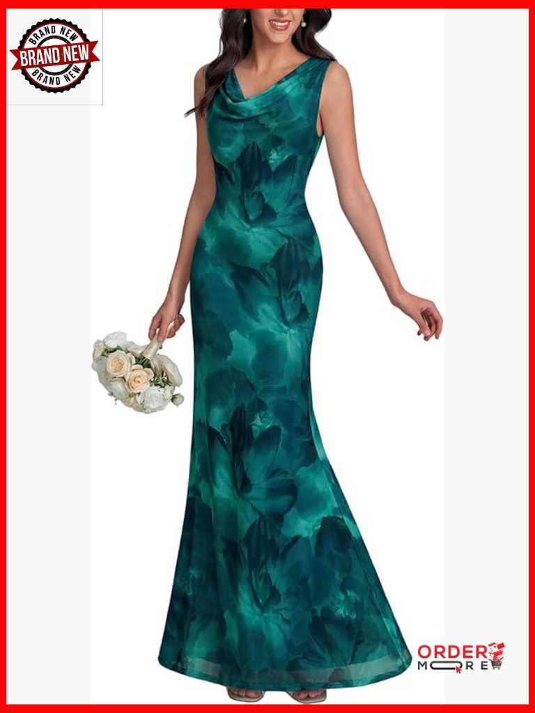 Elegant Floral Maxi Dress Mermaid Cowl Neck Sleeveless Formal Party